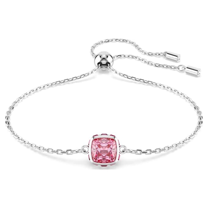 Pulseras con piedra natal de corte cuadrado, octubre, rosa, chapada en rodio Pulseras con piedra natal de corte cuadrado, octubre, rosa, chapada en rodio