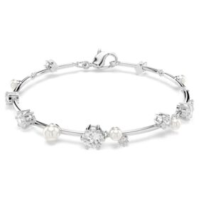 Pulseras Constella con perlas de cristal, cortes redondos, blanca, chapada en rodio