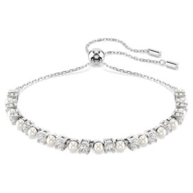 Pulseras Matrix con perla de cristal, corte redondo, blanca, chapada en rodio