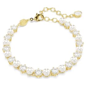 Pulseras Matrix Tennis con perlas de cristal, talla redonda, blanca, chapada en tono dorado