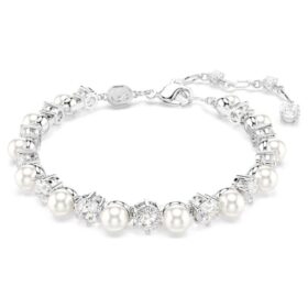 Pulseras Matrix Tennis Crystal Pearl, corte redondo, blanco, chapada en rodio