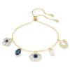 Pulseras Symbolica con perla de cristal, trébol, ojo del mal y herradura, azul, chapada en tono dorado Pulseras Symbolica con perla de cristal, trébol, ojo del mal y herradura, azul, chapada en tono dorado