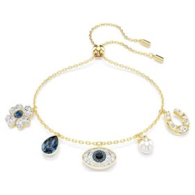 Pulseras Symbolica con perla de cristal, trébol, ojo del mal y herradura, azul, chapada en tono dorado Pulseras Symbolica con perla de cristal, trébol, ojo del mal y herradura, azul, chapada en tono dorado