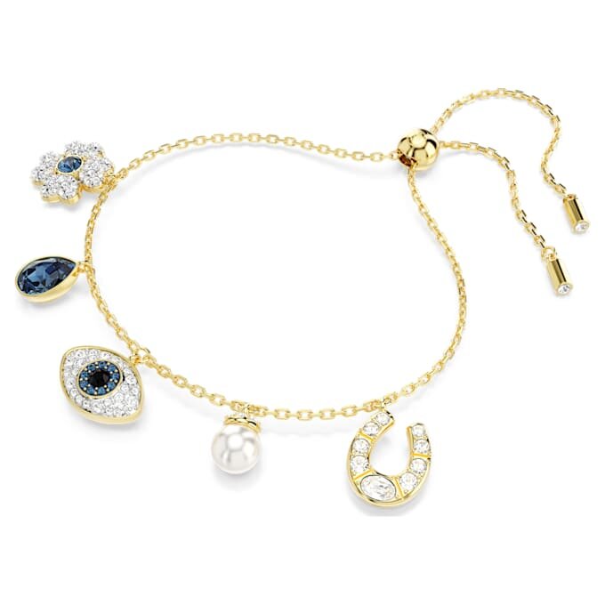 Pulseras Symbolica con perla de cristal, trébol, ojo del mal y herradura, azul, chapada en tono dorado Pulseras Symbolica con perla de cristal, trébol, ojo del mal y herradura, azul, chapada en tono dorado