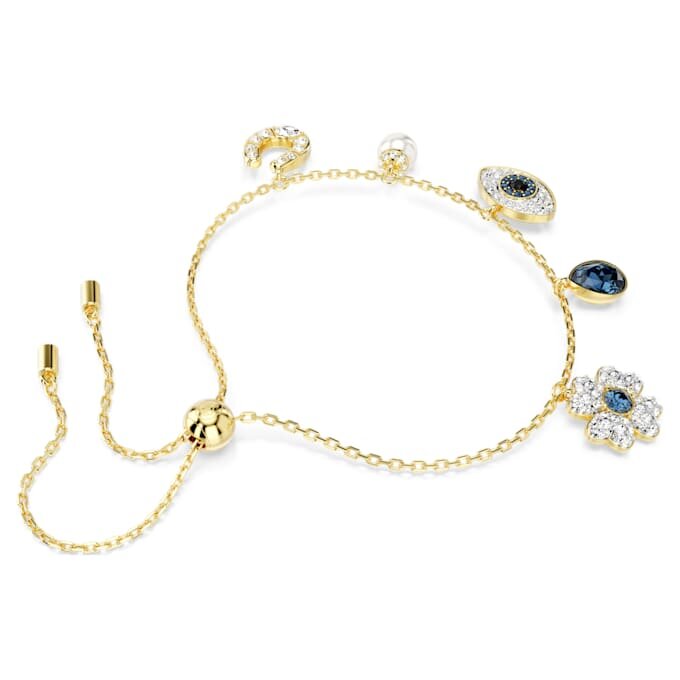 Pulseras Symbolica con perla de cristal, trébol, ojo del mal y herradura, azul, chapada en tono dorado Pulseras Symbolica con perla de cristal, trébol, ojo del mal y herradura, azul, chapada en tono dorado