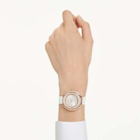 Reloj Crystalline Aura de fabricación suiza, correa de piel, blanco, acabado en tono oro rosa