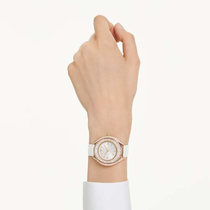 Reloj Crystalline Aura de fabricación suiza, correa de piel, blanco, acabado en tono oro rosa Reloj Crystalline Aura de fabricación suiza, correa de piel, blanco, acabado en tono oro rosa