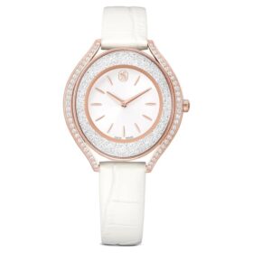 Reloj Crystalline Aura de fabricación suiza, correa de piel, blanco, acabado en tono oro rosa