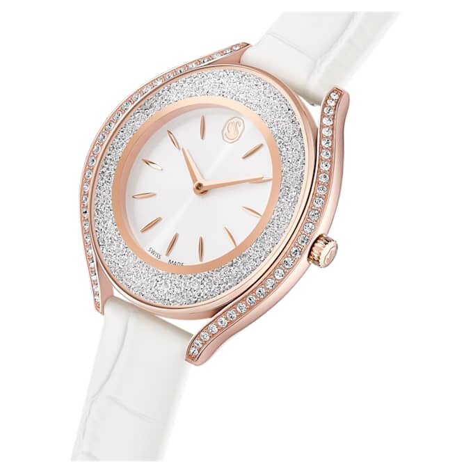 Reloj Crystalline Aura de fabricación suiza, correa de piel, blanco, acabado en tono oro rosa Reloj Crystalline Aura de fabricación suiza, correa de piel, blanco, acabado en tono oro rosa