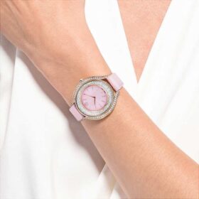 Reloj Crystalline Aura de fabricación suiza, correa de piel, rosa, acabado en tono oro rosa