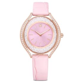 Reloj Crystalline Aura de fabricación suiza, correa de piel, rosa, acabado en tono oro rosa