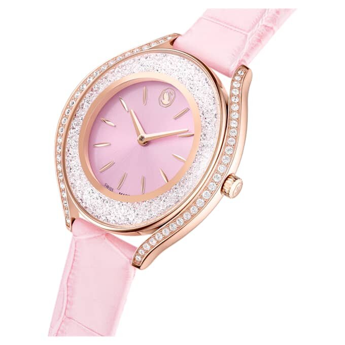 Reloj Crystalline Aura de fabricación suiza, correa de piel, rosa, acabado en tono oro rosa Reloj Crystalline Aura de fabricación suiza, correa de piel, rosa, acabado en tono oro rosa