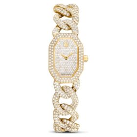 Reloj Dextera con cadena, fabricado en Suiza, pulsera de cristales, tono dorado, acabado dorado