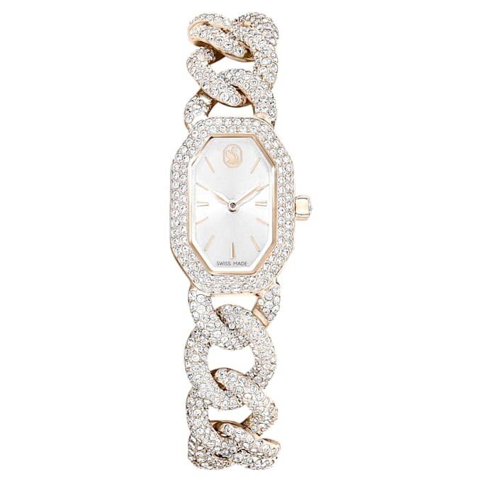 Reloj Dextera con cadena, fabricado en Suiza, pulseras de cristales, blanco, acabado en tono oro champán Reloj Dextera con cadena, fabricado en Suiza, pulseras de cristales, blanco, acabado en tono oro champán