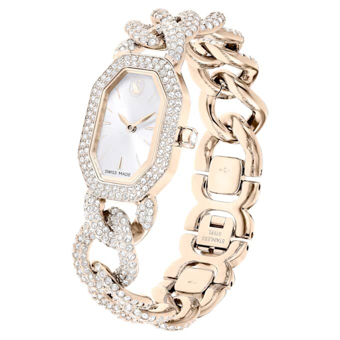 Reloj Dextera con cadena, fabricado en Suiza, pulseras de cristales, blanco, acabado en tono oro champán Reloj Dextera con cadena, fabricado en Suiza, pulseras de cristales, blanco, acabado en tono oro champán