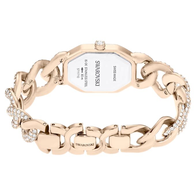 Reloj Dextera con cadena, fabricado en Suiza, pulseras de cristales, blanco, acabado en tono oro champán Reloj Dextera con cadena, fabricado en Suiza, pulseras de cristales, blanco, acabado en tono oro champán