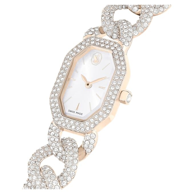 Reloj Dextera con cadena, fabricado en Suiza, pulseras de cristales, blanco, acabado en tono oro champán Reloj Dextera con cadena, fabricado en Suiza, pulseras de cristales, blanco, acabado en tono oro champán