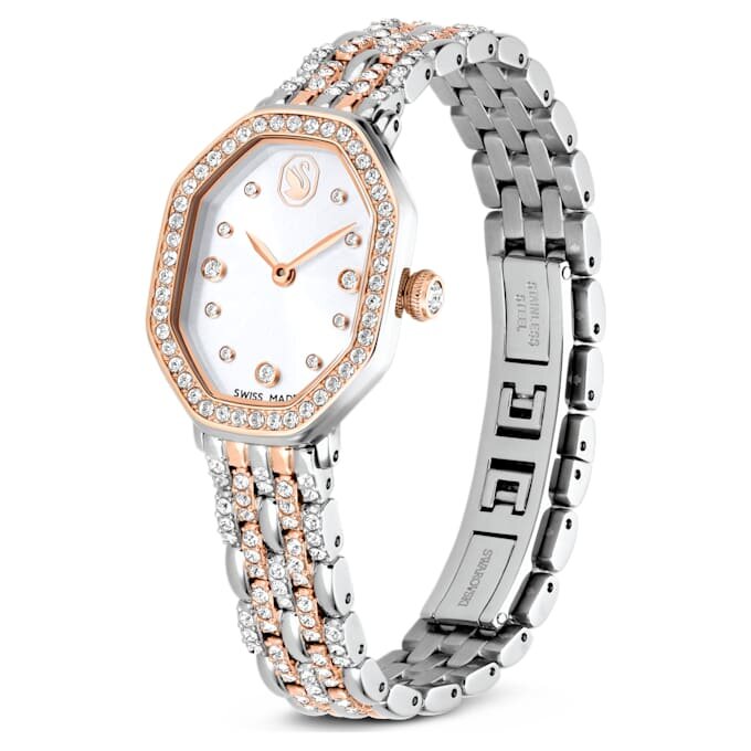Reloj Dextera Octagon de fabricación suiza, brazalete metálico, tono plateado, acabado en tono oro rosa Reloj Dextera Octagon de fabricación suiza, brazalete metálico, tono plateado, acabado en tono oro rosa