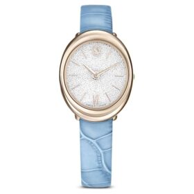 Reloj Imber Oval de fabricación suiza, correa de piel, azul, acabado en tono dorado champán