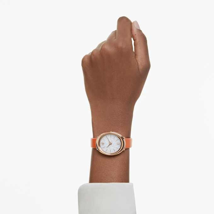 Reloj Imber Oval de fabricación suiza, correa de piel, naranja, acabado en tono oro rosa Reloj Imber Oval de fabricación suiza, correa de piel, naranja, acabado en tono oro rosa