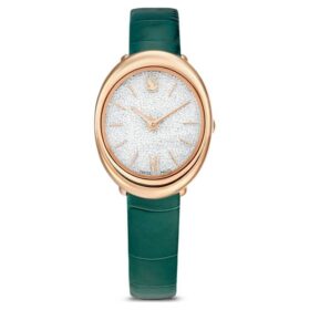 Reloj Imber Oval de fabricación suiza, correa de piel, verde, acabado en tono oro rosa