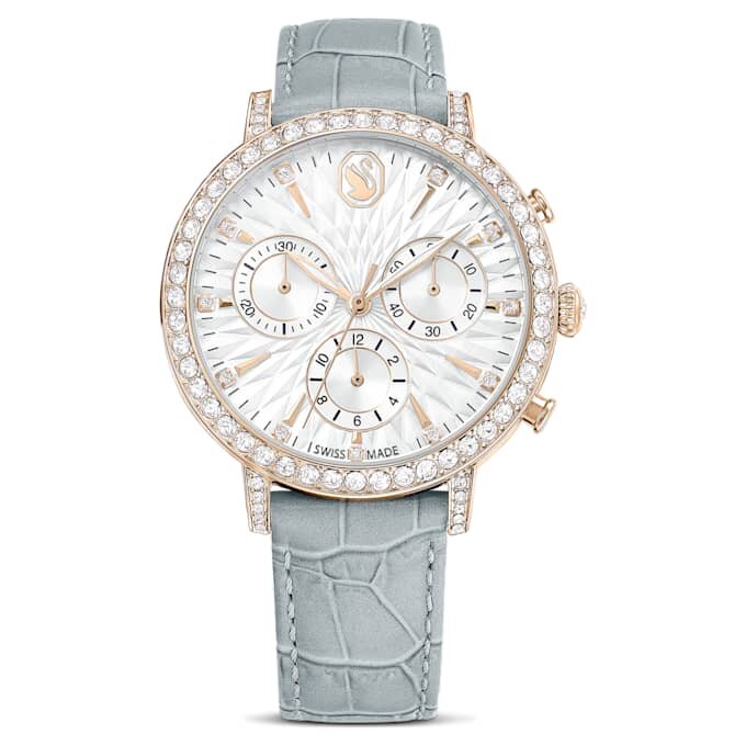 Reloj Matrix Tennis Chrono de fabricación suiza, correa de piel, gris, acabado dorado champán Reloj Matrix Tennis Chrono de fabricación suiza, correa de piel, gris, acabado dorado champán