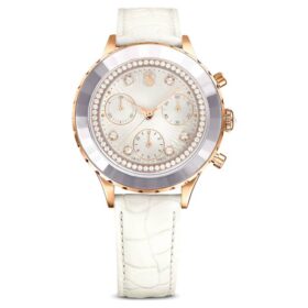 Reloj Octea Chrono de fabricación suiza, correa de piel, blanco, acabado en tono oro rosa
