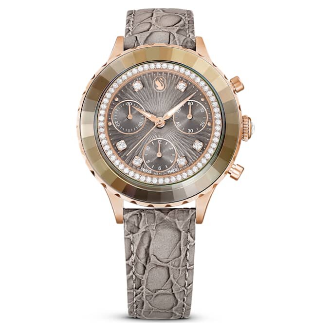 Reloj Octea Chrono de fabricación suiza, correa de piel, gris, acabado en tono oro rosa Reloj Octea Chrono de fabricación suiza, correa de piel, gris, acabado en tono oro rosa
