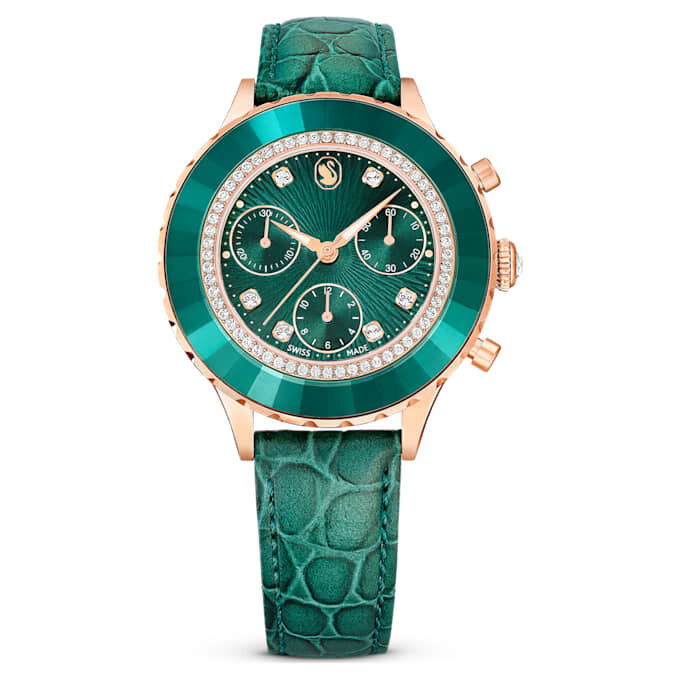 Reloj Octea Chrono de fabricación suiza, correa de piel, verde, acabado en tono oro rosa Reloj Octea Chrono de fabricación suiza, correa de piel, verde, acabado en tono oro rosa