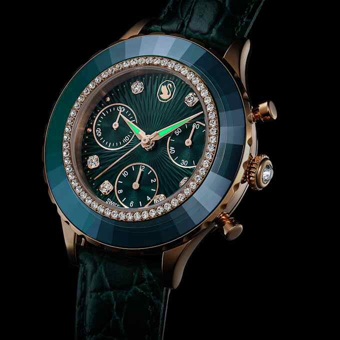 Reloj Octea Chrono de fabricación suiza, correa de piel, verde, acabado en tono oro rosa Reloj Octea Chrono de fabricación suiza, correa de piel, verde, acabado en tono oro rosa