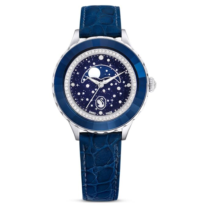 Reloj Octea Moon de fabricación suiza, Luna, correa de piel, azul, acero inoxidable Reloj Octea Moon de fabricación suiza, Luna, correa de piel, azul, acero inoxidable