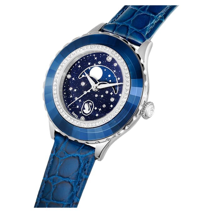 Reloj Octea Moon de fabricación suiza, Luna, correa de piel, azul, acero inoxidable Reloj Octea Moon de fabricación suiza, Luna, correa de piel, azul, acero inoxidable