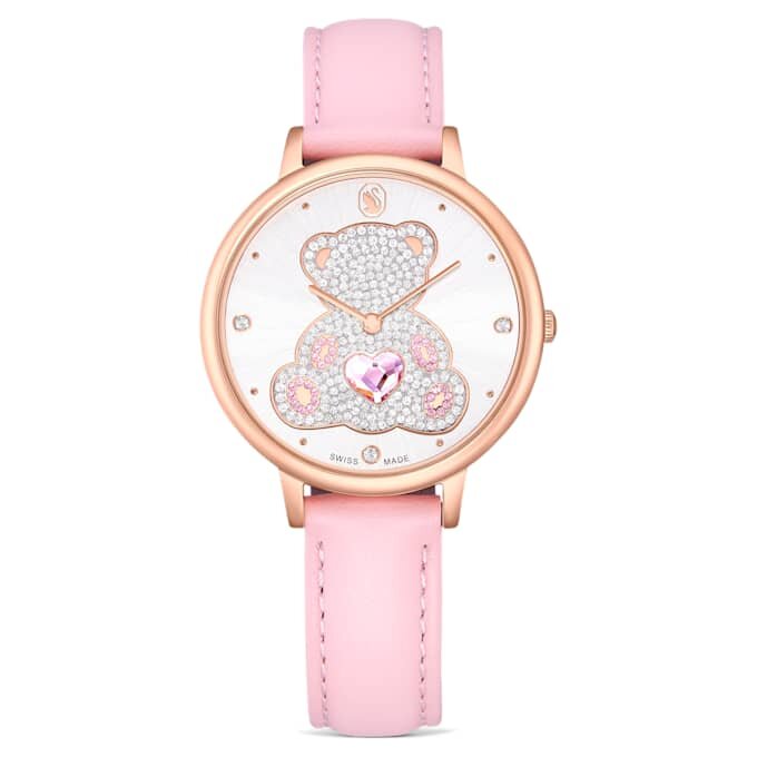 Reloj Teddy de fabricación suiza, correa de piel, rosa, acabado en tono oro rosa Reloj Teddy de fabricación suiza, correa de piel, rosa, acabado en tono oro rosa