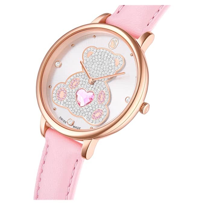 Reloj Teddy de fabricación suiza, correa de piel, rosa, acabado en tono oro rosa Reloj Teddy de fabricación suiza, correa de piel, rosa, acabado en tono oro rosa