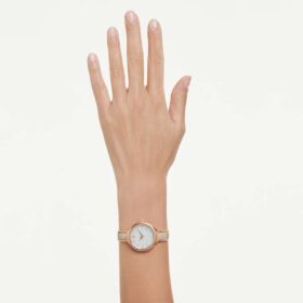 Reloj tipo brazalete Crystalline, fabricado en Suiza, correa metálica, color beige, acabado en tono oro rosa