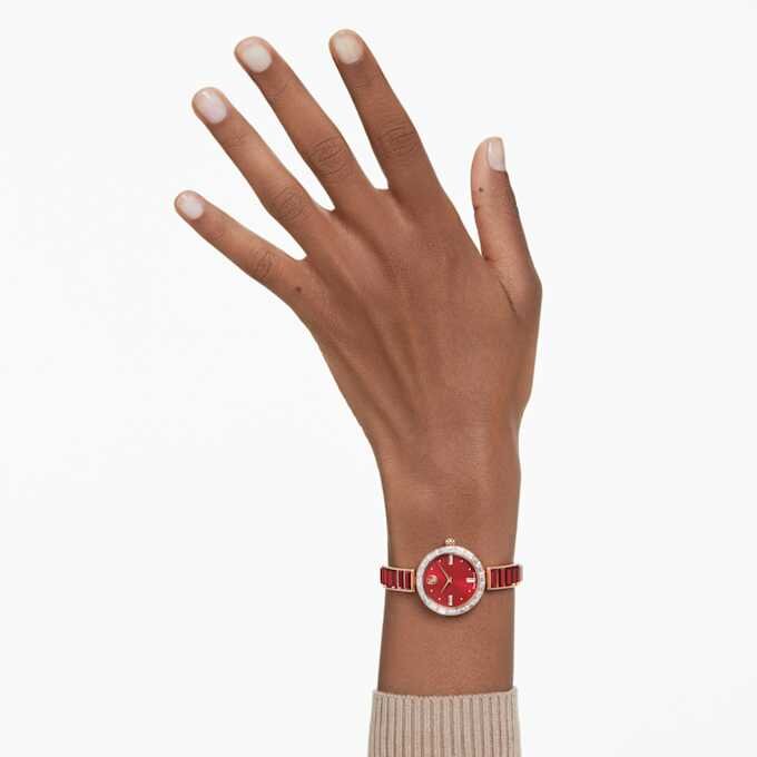 Reloj tipo brazalete Matrix, fabricado en Suiza, con pulsera de cristales, rojo, acabado en tono oro rosa Reloj tipo brazalete Matrix, fabricado en Suiza, con pulsera de cristales, rojo, acabado en tono oro rosa