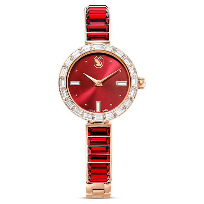 Reloj tipo brazalete Matrix, fabricado en Suiza, con pulsera de cristales, rojo, acabado en tono oro rosa Reloj tipo brazalete Matrix, fabricado en Suiza, con pulsera de cristales, rojo, acabado en tono oro rosa
