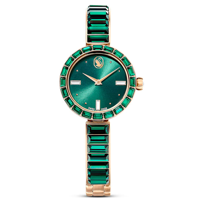 Reloj tipo brazalete Matrix, fabricado en Suiza, con pulseras de cristales, verde, acabado en tono dorado champán Reloj tipo brazalete Matrix, fabricado en Suiza, con pulseras de cristales, verde, acabado en tono dorado champán