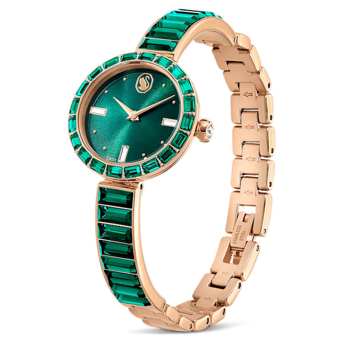 Reloj tipo brazalete Matrix, fabricado en Suiza, con pulseras de cristales, verde, acabado en tono dorado champán Reloj tipo brazalete Matrix, fabricado en Suiza, con pulseras de cristales, verde, acabado en tono dorado champán