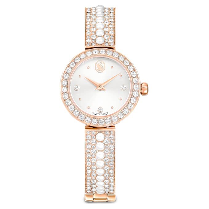 Reloj tipo brazalete Matrix Pearl, fabricado en Suiza, con pulseras de cristales, blanco, acabado en tono oro rosa Reloj tipo brazalete Matrix Pearl, fabricado en Suiza, con pulseras de cristales, blanco, acabado en tono oro rosa