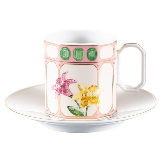 Taza de café con platillo Idyllia, de porcelana, con motivo de cristales, flores y multicolor Taza de café con platillo Idyllia, de porcelana, con motivo de cristales, flores y multicolor