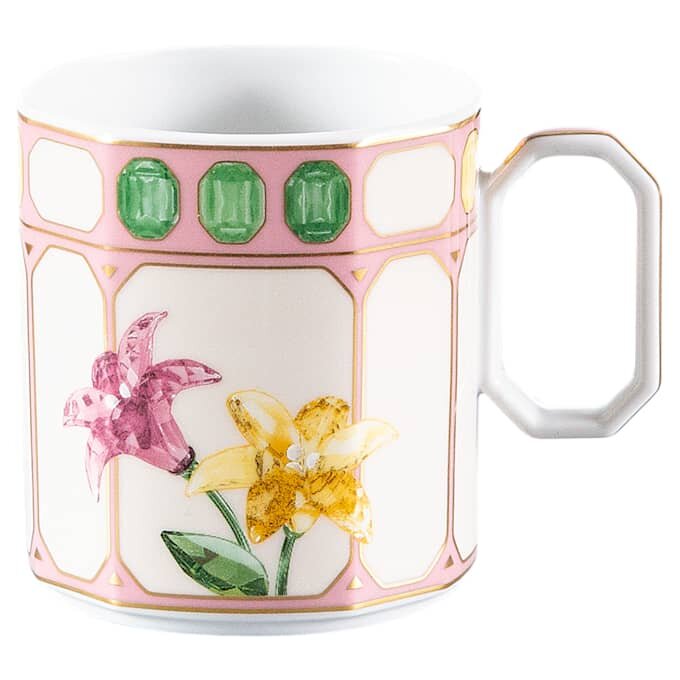 Taza de café con platillo Idyllia, de porcelana, con motivo de cristales, flores y multicolor Taza de café con platillo Idyllia, de porcelana, con motivo de cristales, flores y multicolor