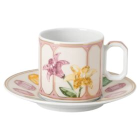 Taza de café espresso Idyllia con platillo, porcelana, motivo de cristales, color limón, multicolor