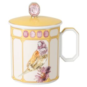 Taza de porcelana Idyllia, motivo de cristal, pinzón, amarillo